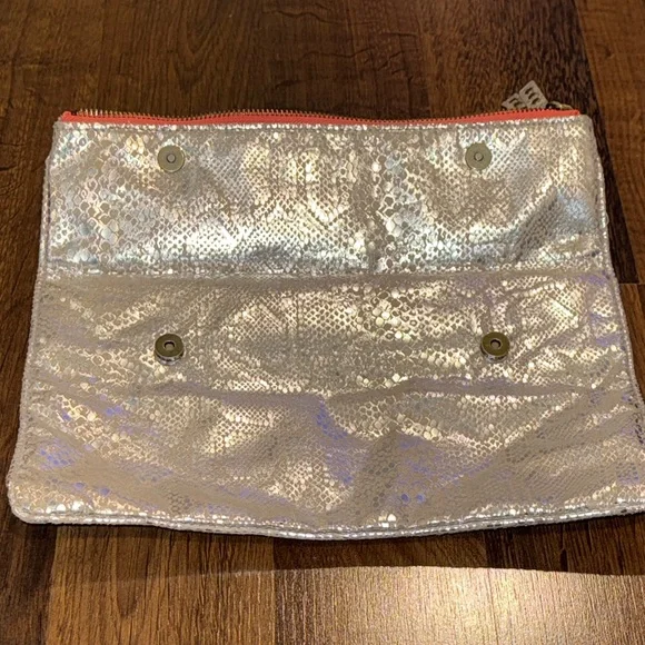 American Eagle Iridescent Metallic Fold-Over Clutch with Coral Zipper - Picture 5 of 11
